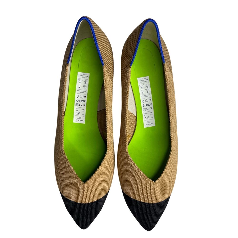 Rothys The High Point Wren Cap Toe Knit Shoes 7 Tan Black Pointed Toe Low Heel - Picture 2 of 13